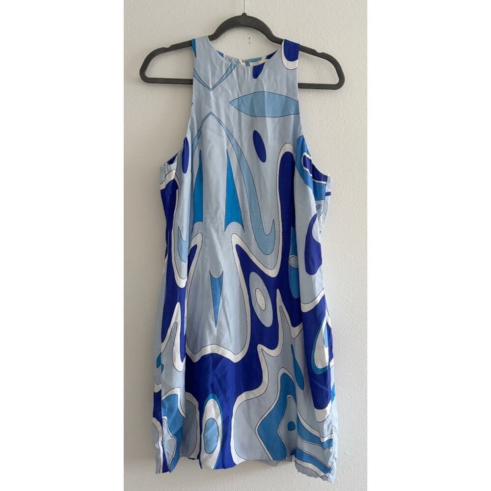 Sara Battaglia Abstract Blue Tank Swirly Lapis Retro High Neck Mini Dress
